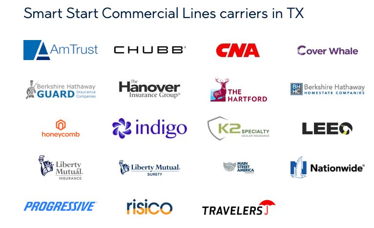 Commercial lines carrier logos including AmTrust, Chubb, CNA, The Hartford, Nationwide, Progressive, Travelers, and others