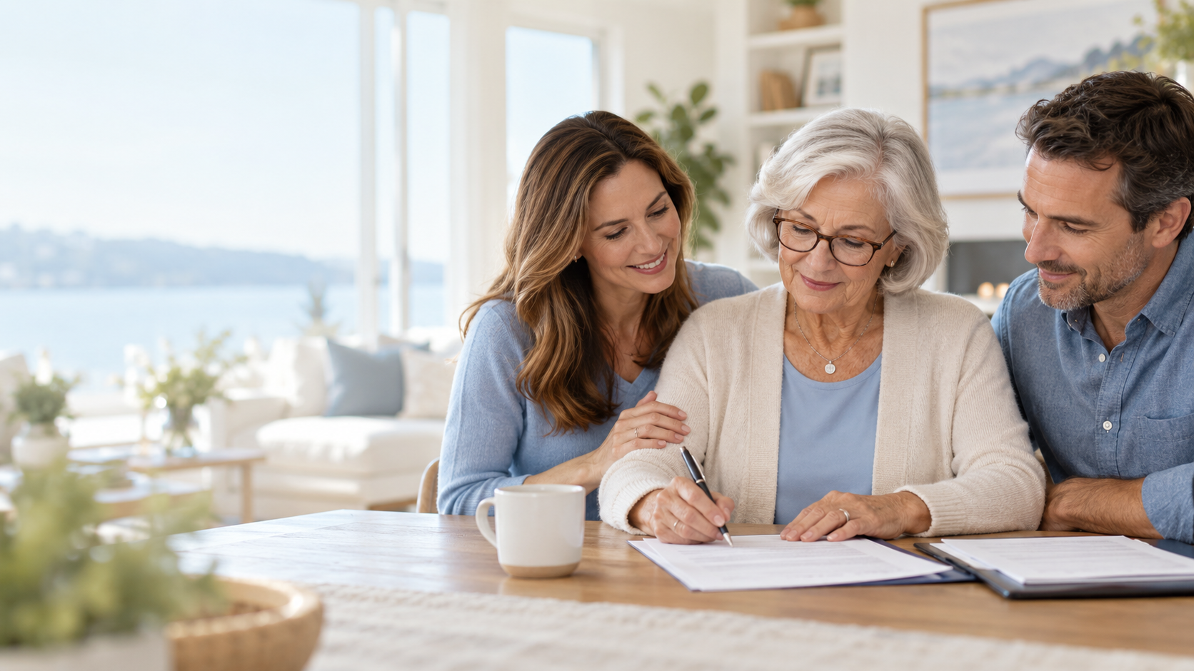 Older family member reviewing planning documents with loved ones