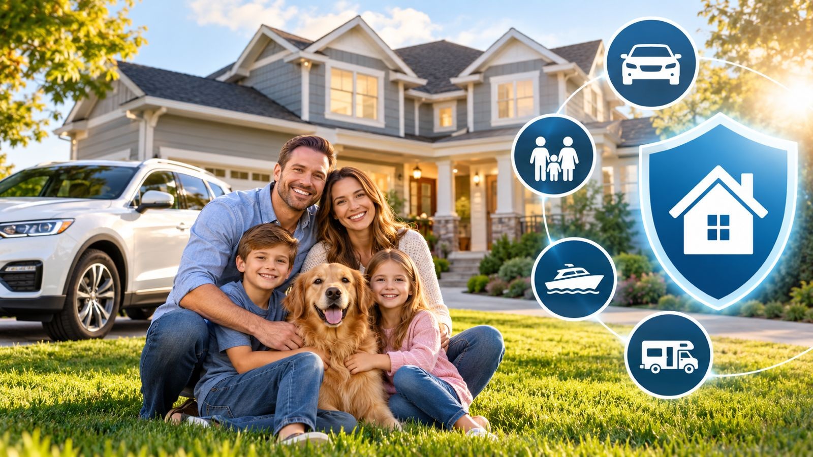 Family outside their home with personal insurance coverage symbols